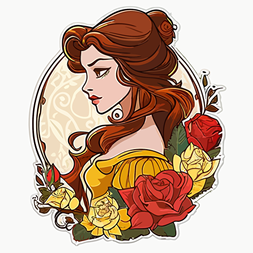 sticker design, Disney, princess belle with roses, transparent background vector