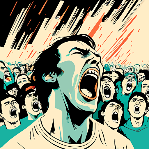 very detailed vector illustration of a screaming, angry crowd