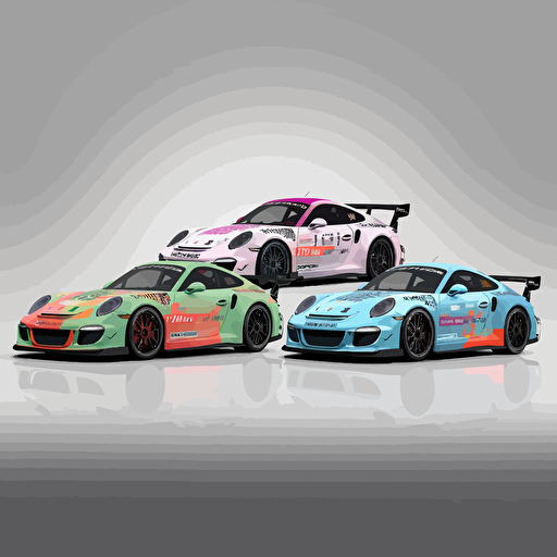 Porsche gt3 livery, epic, creative, legend, minimalist, quaint, agressive, unprecedented, different variants, cute, Synthware, vector, very big tyres