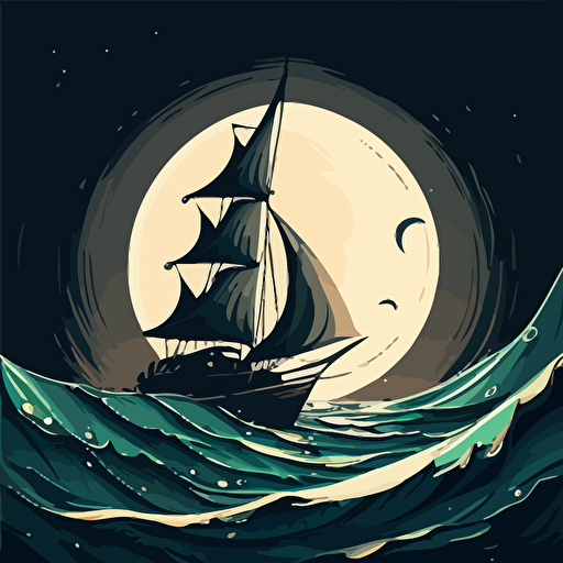 small yacht with sails, at night, rough seas and huge moon