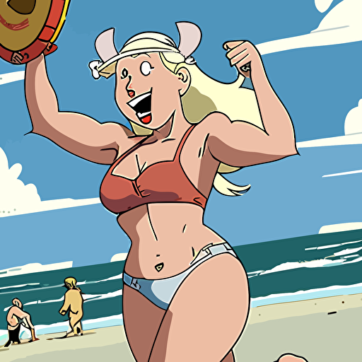 pig, female, baywatch, cowboy hat, beer in the hand, blonde hair, fun, playful, cartoon, super cute, beach, 2d, vector, flat