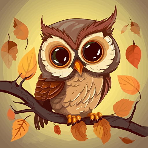 A delightful cartoon owl on a branch, showcasing a wide-eyed and curious owl perched on a branch with leaves, Artwork, vector illustration,