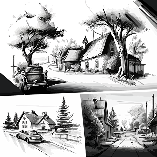 full page sketch illustration vector of 3 rural street landscapes