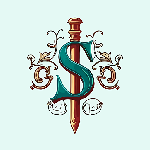 the letter S in caps, with a sword in the back of the S, logo style, simple colors, flat design, vectorial style
