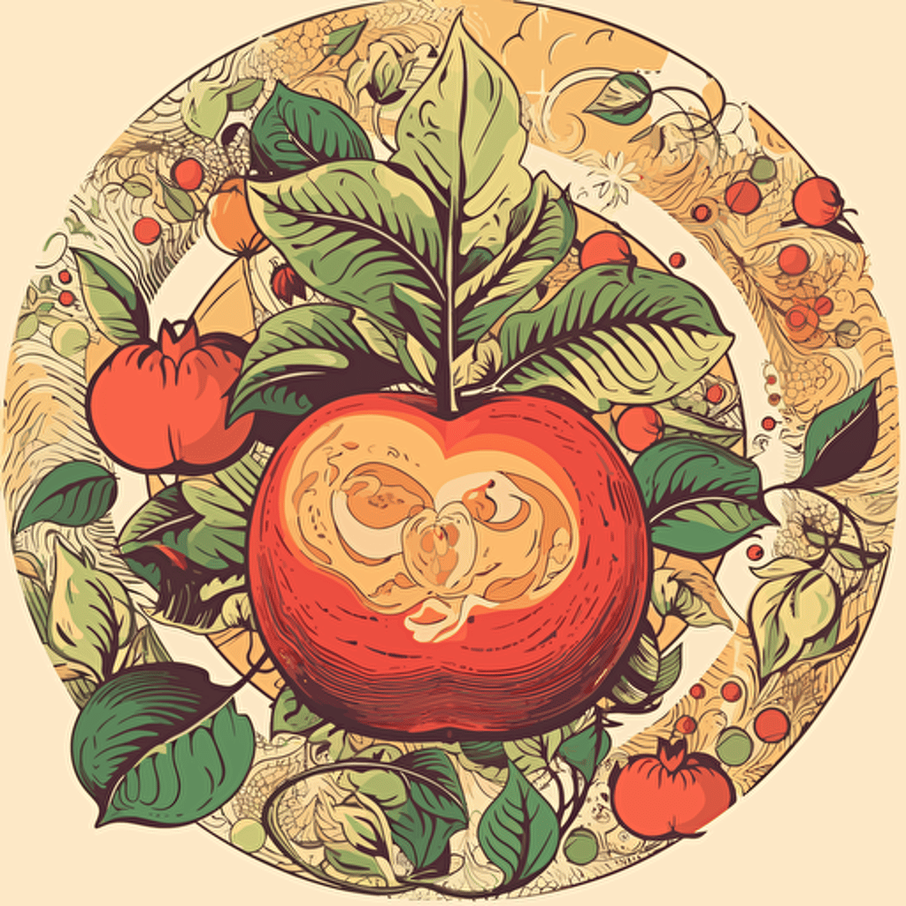 open apple illustration with framed botanical ornaments simplified illustration with a shinning sun using the illustrator illustration styles, vectorized, moder pantone colorful pallet