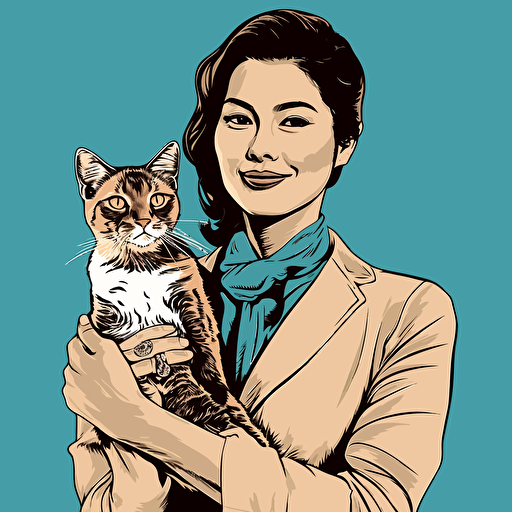 vector art style, 28 year old asian female executive, holding a cat, in the style of Michael Parks