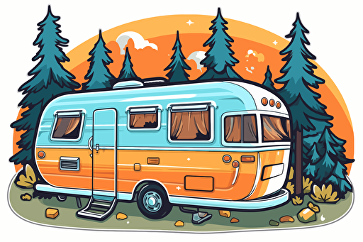 2d illustration, forest 1970's trailer simple vector colorful sticker
