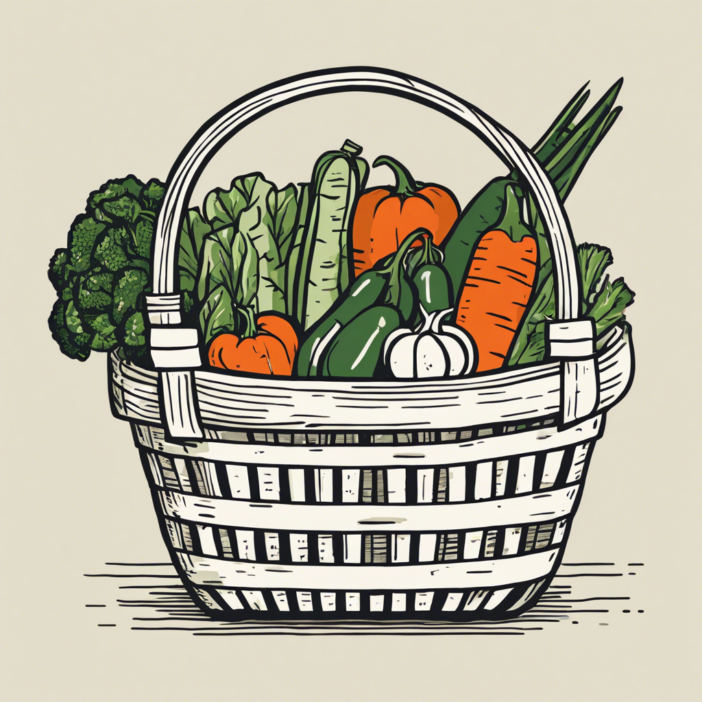 Basket of freshly picked vegetables., illustration in the style of Matt Blease, illustration, flat, simple, vector