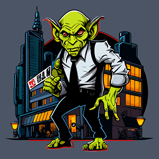 funny Goblin working as a bouncer in front of a night club in the bad part of city, vector logo, vector art, emblem, simple cartoon, 2d, no text, white background