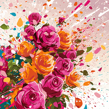 burst of many roses at many sizes like splatterd confetti, vector artwork