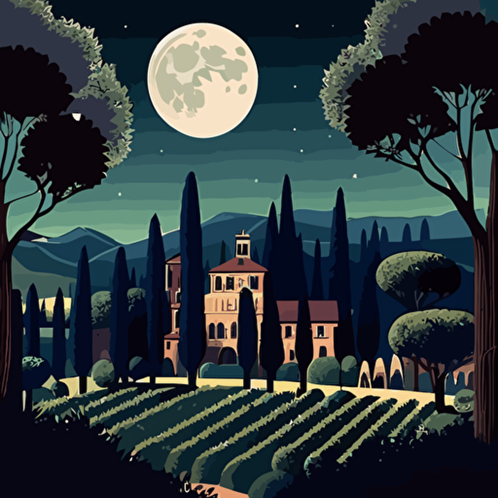 full moon shining over traditional Tuscany countryside serene garden in Gothic, Romanesque, Renaissance style vector art