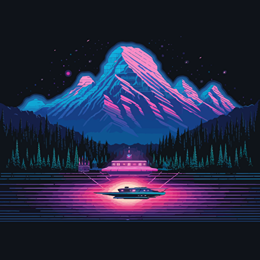 shuttle in front of lake Louise mountain logo, pixel art Neon, pink blue white and black, vector simple, fun, creativity, playfulness, high quality