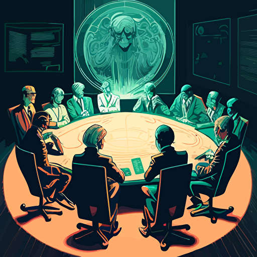 Drawing from the idea of collaboration, design a vector illustration of Satoshi Nakamoto joining forces with other influential figures from the world of technology to create a groundbreaking new project that revolutionizes the way we think about currency. Set the scene in a futuristic conference room.