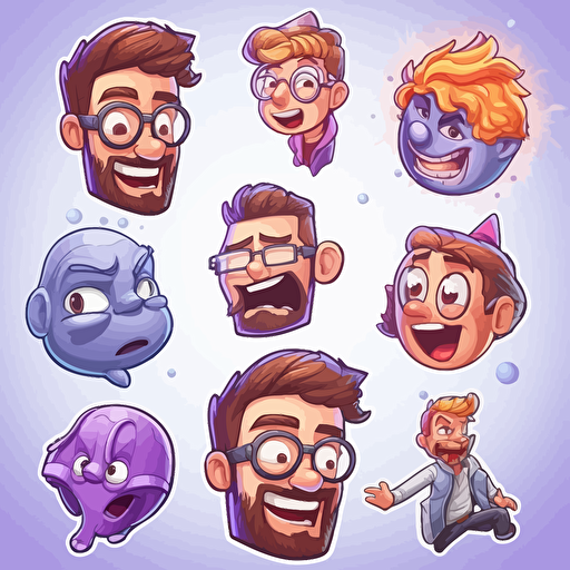 draw vector cartoon style 6 caricatured symbols for variation of attention-grabbing internet content, in the style of precisionist style, 2d game art, the vancouver school, handsome, smilecore, quadratura