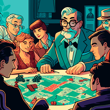 Influenced by the board game Monopoly, create a vector illustration of Satoshi Nakamoto and a group of people playing a cryptocurrency-themed board game, where the players compete to build decentralized empires. Set the scene during a friendly game night.