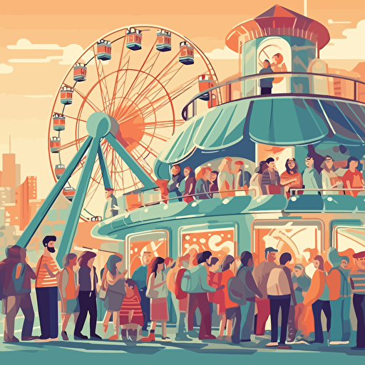 Lots of people are queuing at the ticket office for rides. in the background is a circus, a ferris wheel and a rollercoaster. Children's illustration. Pastel, warm colors, vibrant, colorful, vector illustration