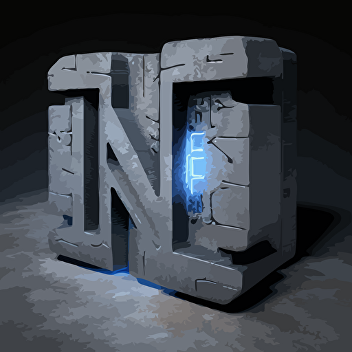 smooth flat gray logo vectorial stone in front view with giant inlaid letters reading "NIEM" and the I protruding as if carved into the stone, then tiny computer chip tech grids glowing with blue light embedded in the stone
