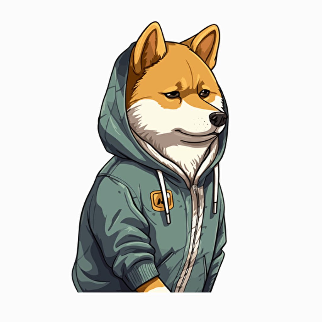 cartoon 2d shiba 2/3 left side profile shot, Shiba Inu wearing a hoodie, cartoon anime, colors, surreal, Vector illustration, white background