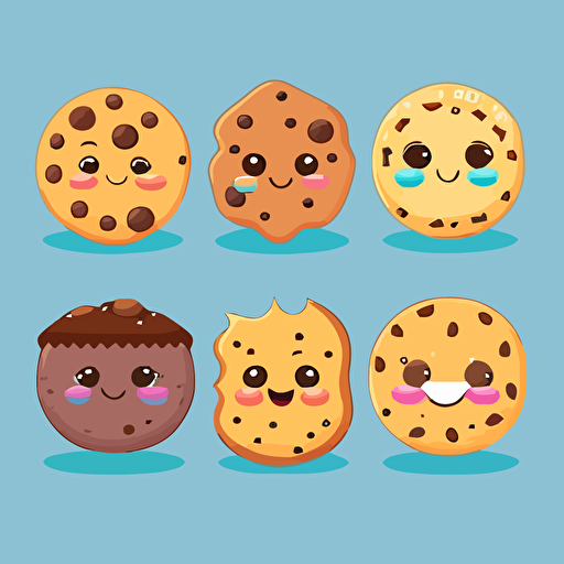 kawaii cookie on solid background, sticker art design, painting illustration, fun style, vector, 2D, trending on art station, digital art, cartoon design, happy mood, collection, set of 6