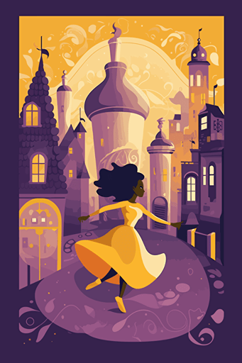 illustrated flat vector art, black girl in Alice in wonderland dress runs with potion bottle through magical city, purple and yellow, fairytale, folk art style,