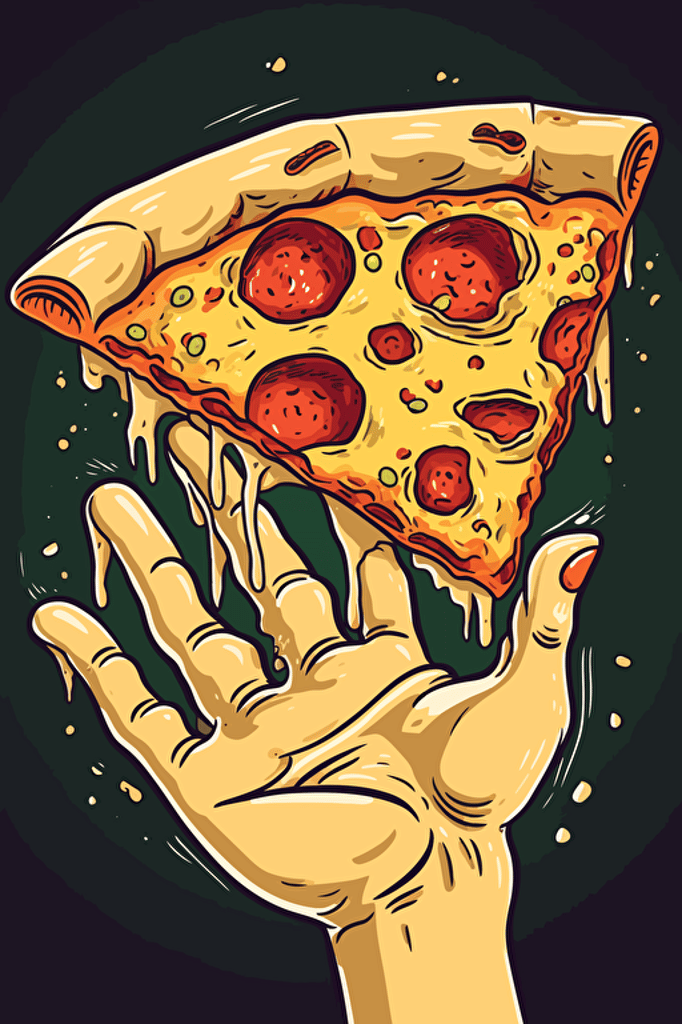 a perfect hand offering a big cheesy slice of pizza, cartoon style, vector art, by Hannah Barbara and John K., in the style of Ren & Stimpy