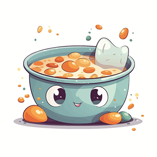 vector art illustration of a soup with pebble stones in it for a kids book, cute style, white background,
