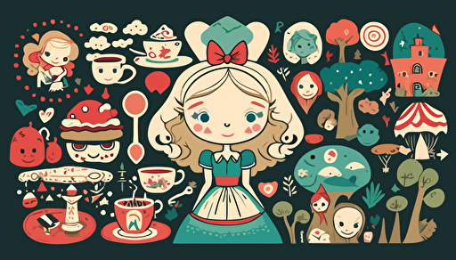 alice in wonderland vector art , cute,colorful , all piece together