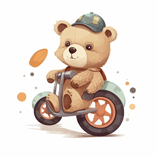 a baby bear riding a big wheel bike, cute, artistic, vector, white background