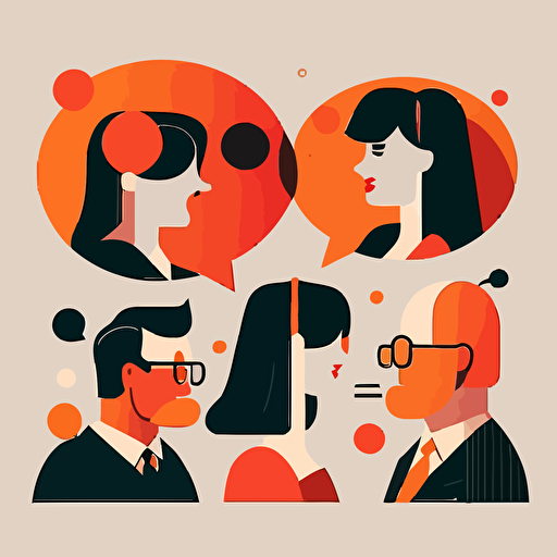 a group of people with no facial features and speech bubbles above them, simple vector corporate style, red and orange accents