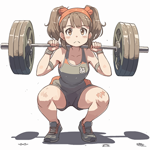 sweating anime girl wearing sbd gear doing squatting exercices, eight plate on bar, facial expression displayed a strained expression, three quarter shot, high intensity training, smart composition to centralize the scene and give a sens of depth to te picture, no background