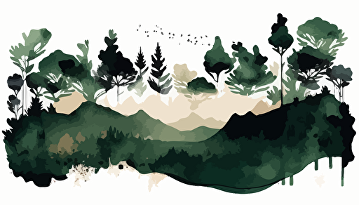 forest green and beige watercolour abstract landscape art, Minimalist, vector, contour