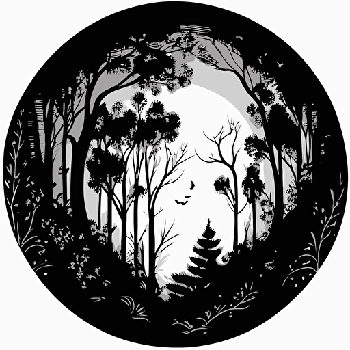 fantastical forest, monotone, single layer, no shadows, #000000, 700mm diameter perfect circle, black outer border, vector art