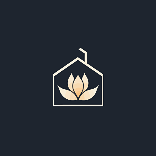 simple geometric iconic logo of a cute house inside a lotus flower, white vector, on black backgroung