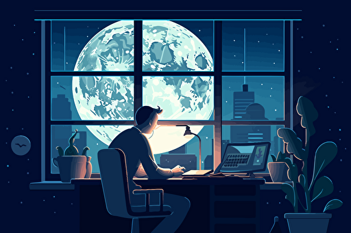 person working in office, the moon from Majora’s mask is outside the window, flat style illustration for business ideas, flat design vector, industrial, light and magical, high resolution, entrepreneur, colored cartoon style, light indigo and dark indigo, cad( computer aided design) , Lois van baarle, white background