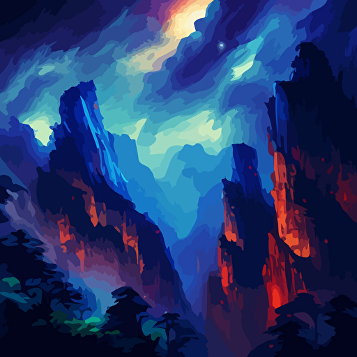 landscape, zhangjiajie national forest park, milky way, highly detailed, rich vivid colors, lightning, epic composition, ray tracing, octane render, vector, surreal. style of leonid afremov, wally wood, mondrian