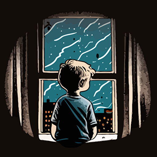 draw a 2D vector scene, cartoon about a boy on his back looking out the window at night, a simple drawing, in color but bordered with a black line, flat drawing and without details.