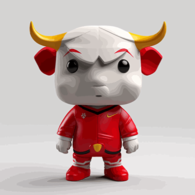 a vector picture in Unreal Engine of a bull funko pop dressed in Arsenal soccer colors clothes, white background for a clean, minimalist design