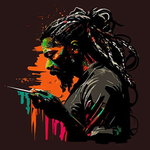 vector, Pen & ink, vibrant concept art, black male, long dreadlocks, mustach, goatee, holding a paintbrush working painting, black background