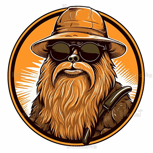 fly fishing bigfoot with baseball hat and sunglasses, in style of outdoor logo, isolated on white, no background, vector art