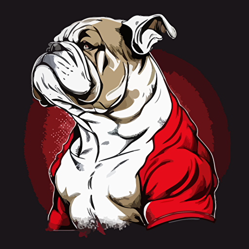 white-bulldog, vector logo, wearing red football jersey, facing to the right and looking up,