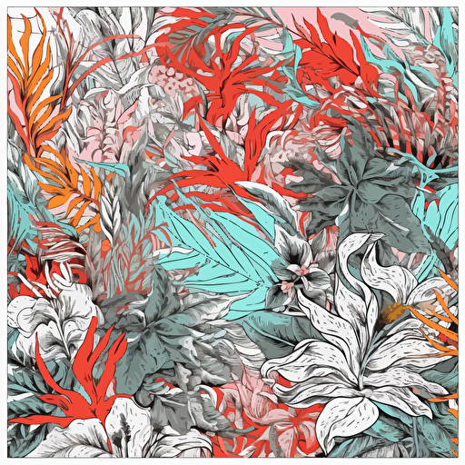 Modern palm tree leaves and modern flowers intricate hyperdetailed illustration pattern AND pastel orange and red and teal and pastel yellow polaroid filter, creative collage contemporary floral seamless pattern, fashionable design, beautiful pattern, flat art style, VectorStock