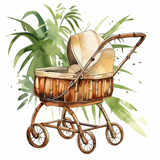 watercolor design of super cute bamboo baby pram, detailed, vector