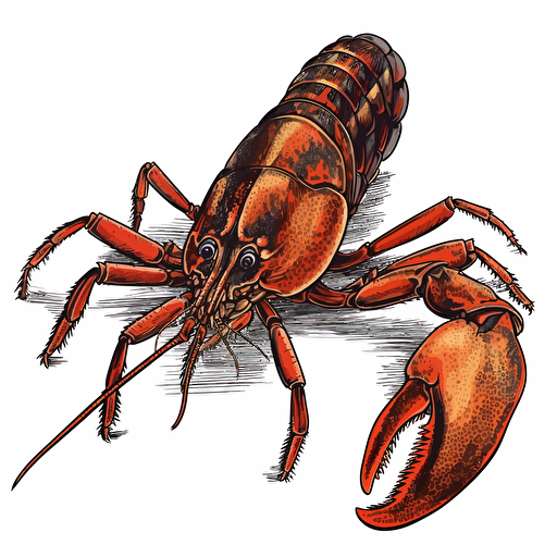 a asset of detailed hand drawn crawfish, on a white background, bright orange, burnt red, browns, and thick black line, vector style