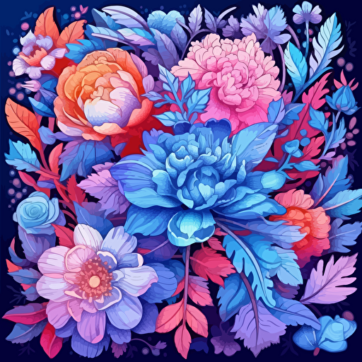 dozens of flowers, surrounded by floral motifs, 2d vector, blues and pinks, epic composition, vector design on the edges of the image