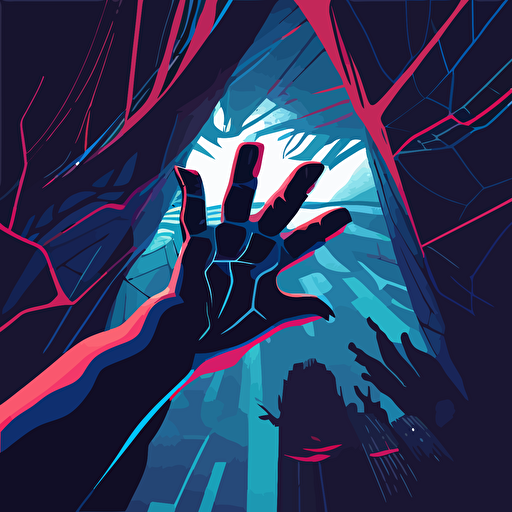 A vector illustration of a hand entering into the virtual world, only in blue and black tones, fluid composition, in the stlye of spider-man: into the spider verse