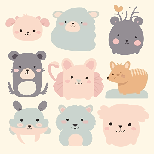A flat vector illustration of cute animal clip art in pastel colors, perfect for decorating a nursery or child's room