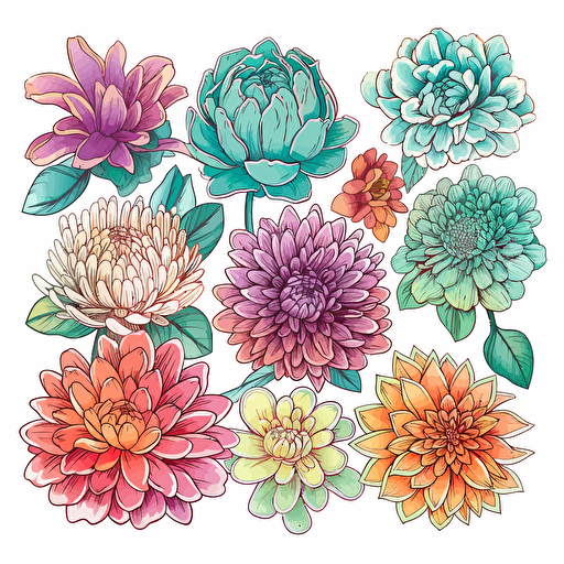 different Flowers, Sticker, Radiant, Iridescent Colors, Photorealism, Contour, Vector, White Background