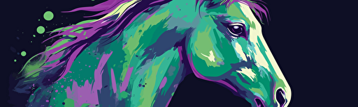 vector surreal style illustration of a horse, facing left, purple, green, and pops of green,