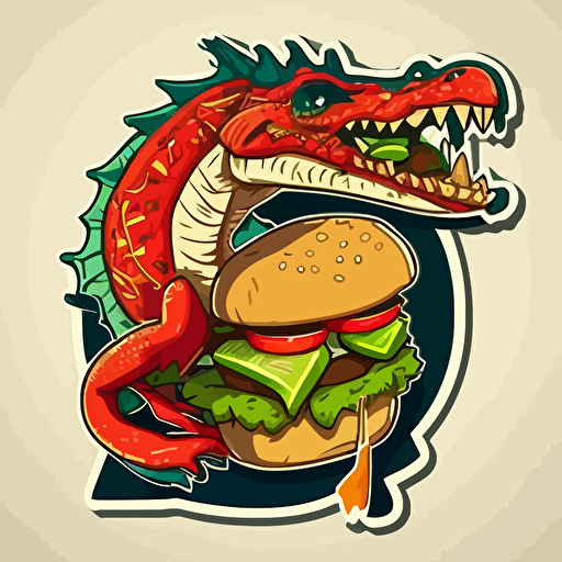 dragon and burger:sticker,illustration ,vector ,cartoon style