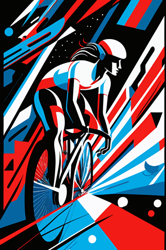 abstract outdoor cycling, blue, red and white colors, pop art deco illustration, hand vector art, black background,